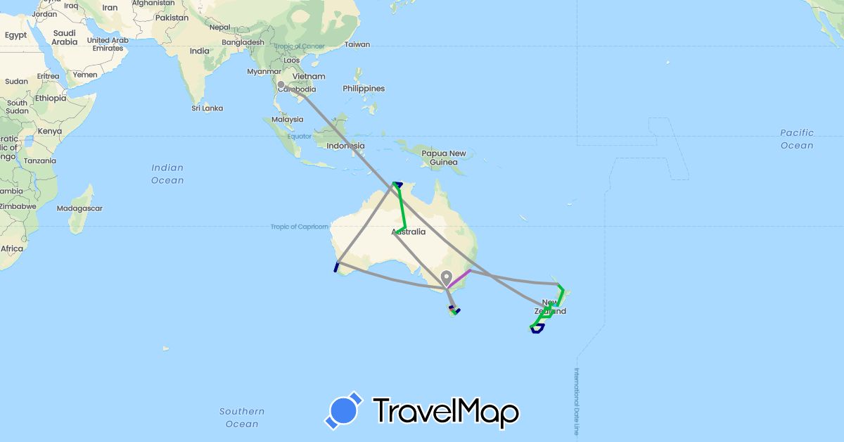 TravelMap itinerary: driving, bus, plane, train, hiking, boat in Australia, New Zealand, Thailand, Vietnam (Asia, Oceania)